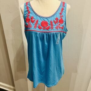 Old Navy Women’s Blue Pink Embroidery Knit Tank Top Size Large